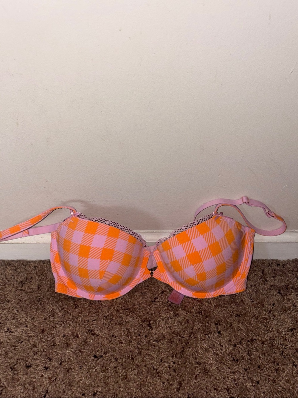 Savage X Fenty Pink and Orange Gingham Strapless Push-Up Bra